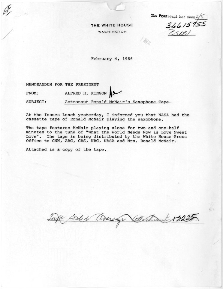 Memo from Alfred H. Kingon to Ronald Reagan, re Ronald McNair - NARA - 198432