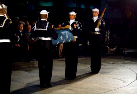Members of the Navy Ceremonial Guard folding the Medal of Honor Flag to be presented to Daniel and Maureen Murphy (071023-N-5319A-022)