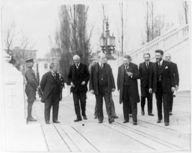 Members of World Disarmament Conference, Washington, D.C., 1921- Members of the Big Nine walking on plaza - Charles Evans Hughes in middle LCCN2003678162