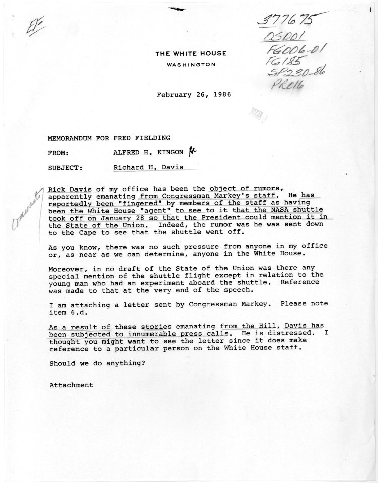 Memo from Alfred H. Kingon to Fred Fielding, re Richard H. Davis - NARA - 198437