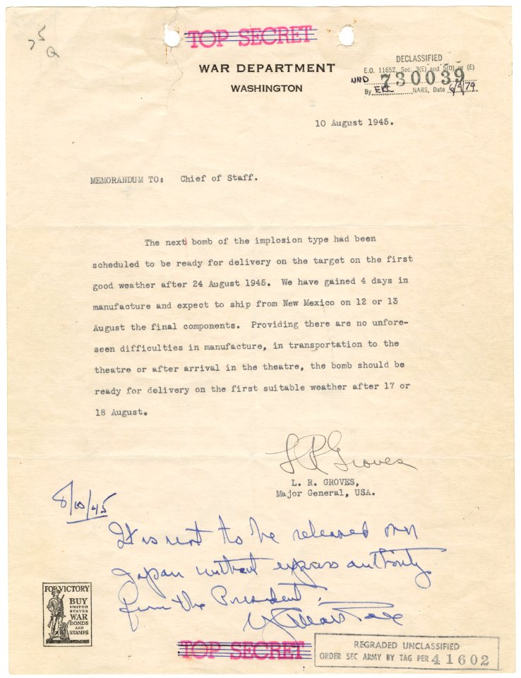 Memorandum from Major General Leslie Groves to Army Chief of Staff George Marshall