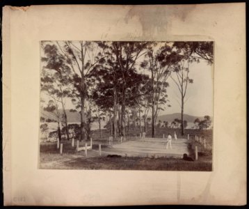Men and woman playing tennis on a court in a clearing in the woods near a body of water, New South Wales, Australia LCCN2016652517