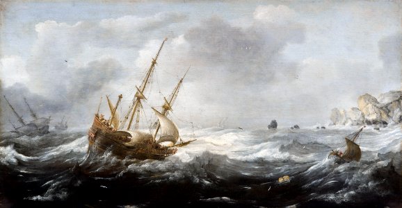 Målning. Fatyg i storm vid klippig kust. Jan Porcellis - Hallwylska museet - 86698 photo