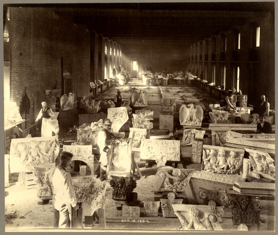 Men carving sculpture for the Library of Congress Thomas Jefferson Building, Washington, D.C. LCCN98508435