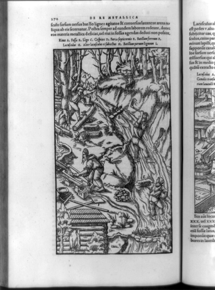 Men chopping wood, damming stream, and washing ore demonstrate a sluicing method for obtaining stones from which tin is made LCCN92517686