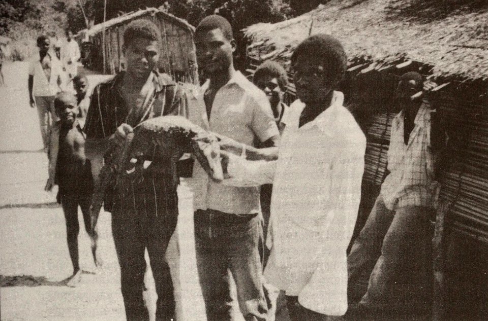 Men offering to sell a cayman, Equateur Region