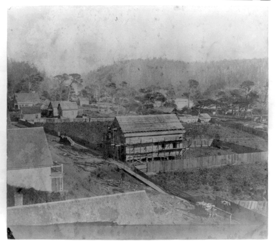 Mendocino City, looking east, Big River Bridge in the distance, Mendocino County LCCN2003653280