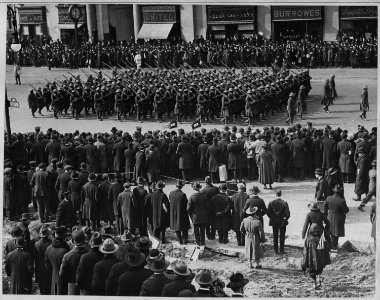 Members of famous 369th (African American) Infantry in battle formation passing up Fifth Avenue, New . . . - NARA - 533520