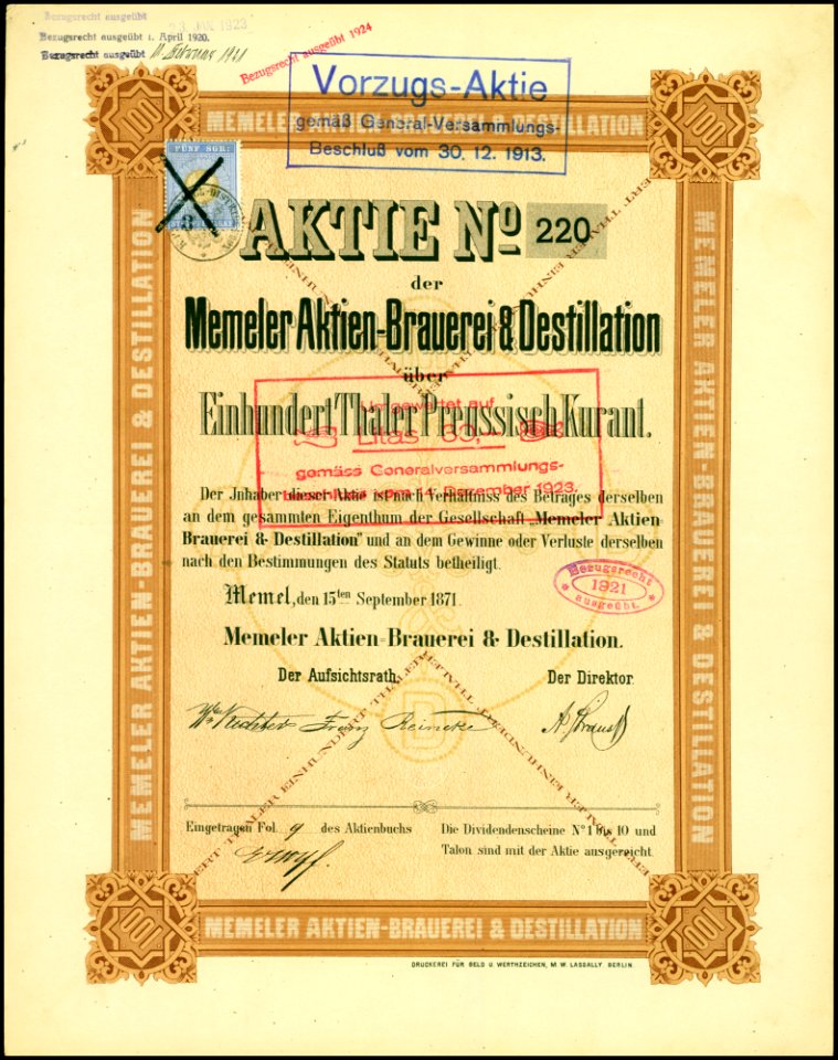 Memeler Aktien-Brauerei & Destillation 1871