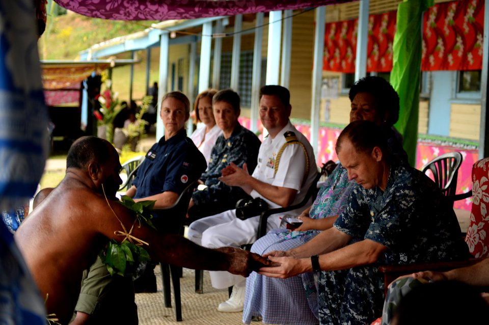 Mercy crew members participate in closing ceremony for the Viani Primary School during Pacific Partnership 2015 150617-N-PZ713-096