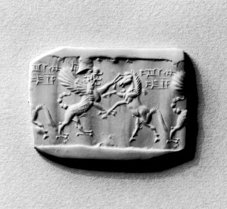 Mesopotamian - Cylinder Seal with Human-Headed Griffin Attacking a Horse - Walters 42444