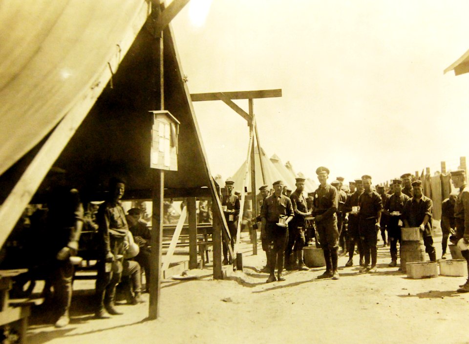 Mess line and tent at German Prison Camp near Bordeaux, France 1918 (32170010931)