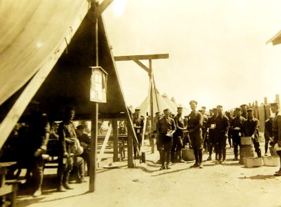 Mess line and tent at German Prison Camp near Bordeaux, France 1918 (32170010931) photo