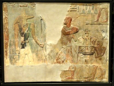 Mentuemhat and Anubis (relief), Thebes, late 25th to early 26th Dynasty, 665-650 BCE - Nelson-Atkins Museum of Art - DSC08146