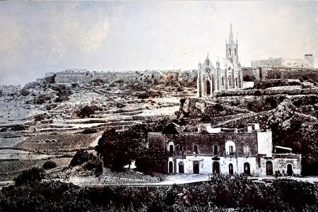 Mġarr, Lourdes church and Fort Chambray, c1890