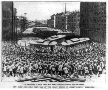 N.Y. City-The first day of the great strike of street railway employees-Car obstruction on Grand St., near Goerk-The police driving back the strikers LCCN2002736867