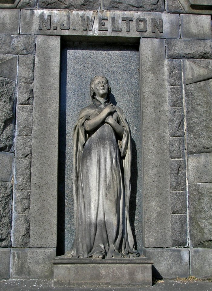 N.J. Welton Monument (George E. Bissell, sculptor 1880), Riverside Cemetery, Waterbury, CT - January 2016 01