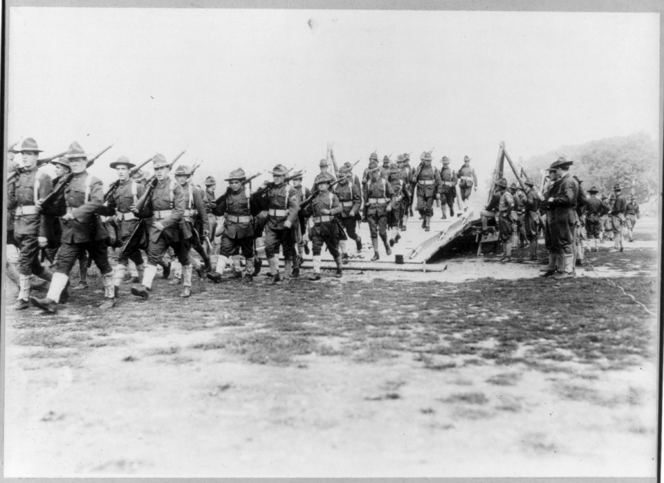 N.Y. National Guard training and maneuvers at Fishkill and Peekskill, N.Y.- Column of troops crossing dry bridge construction by engineers LCCN2005691555