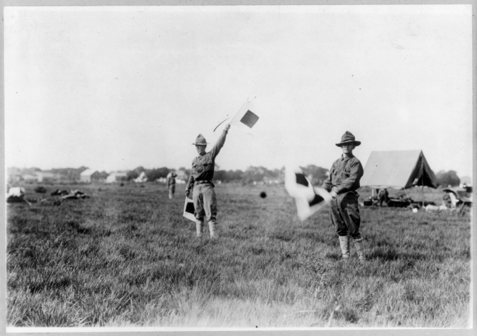 N.Y. National Guard training and maneuvers at Fishkill and Peekskill, N.Y.- 2 soldiers signalling with flags LCCN2005691557