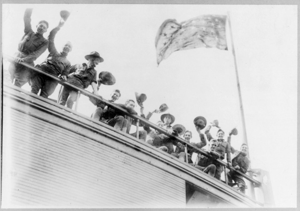 N.Y. National Guard training and maneuvers at Fishkill and Peekskill, N.Y.- Men waving from railing of ferry enroute to Fishkill LCCN2005691558