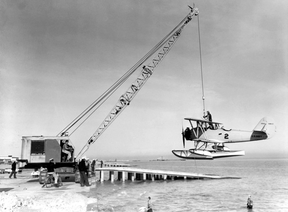 N3N-3 on crane at NAS Pensacola c1944