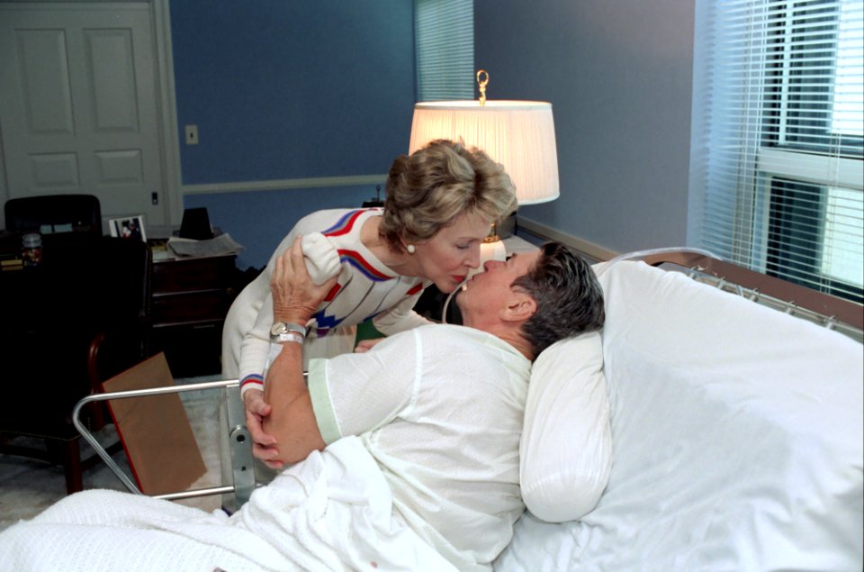 Nancy Reagan visits President Ronald Reagan in Bethesda Hospital