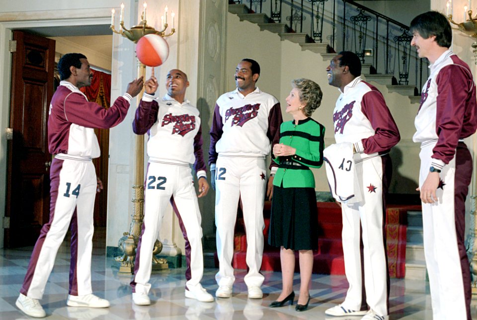 Nancy Reagan During a Photo Op. with The Shooting Stars Basketball Team Meadowlark Lemon Curley Neal and Pete Maravich in The Cross Hall