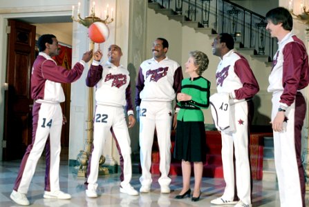 Nancy Reagan During a Photo Op. with The Shooting Stars Basketball Team Meadowlark Lemon Curley Neal and Pete Maravich in The Cross Hall
