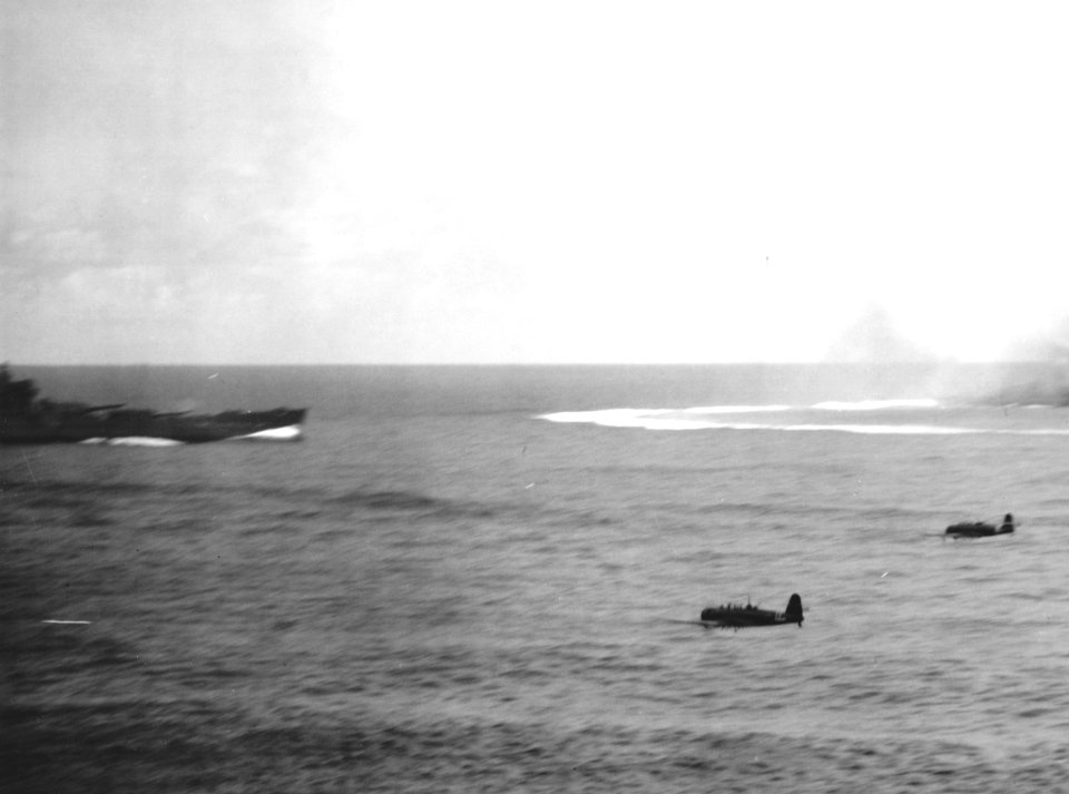 Nakajima B5N2s fly past USS South Dakota (BB-57) during the Battle of Santa Cruz Islands on 26 October 1942