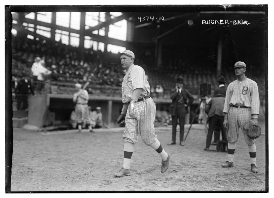 Nap Rucker, throwing, and Chief Meyers, catcher standing still, Brooklyn NL (baseball) LCCN2014705713