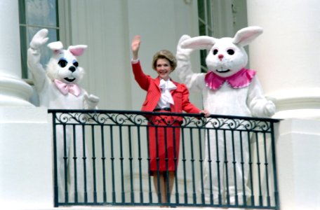 Nancy Reagan and Easter Bunnies wave from the State Floor Balcony during the White House Easter Egg Roll on the South Lawn photo