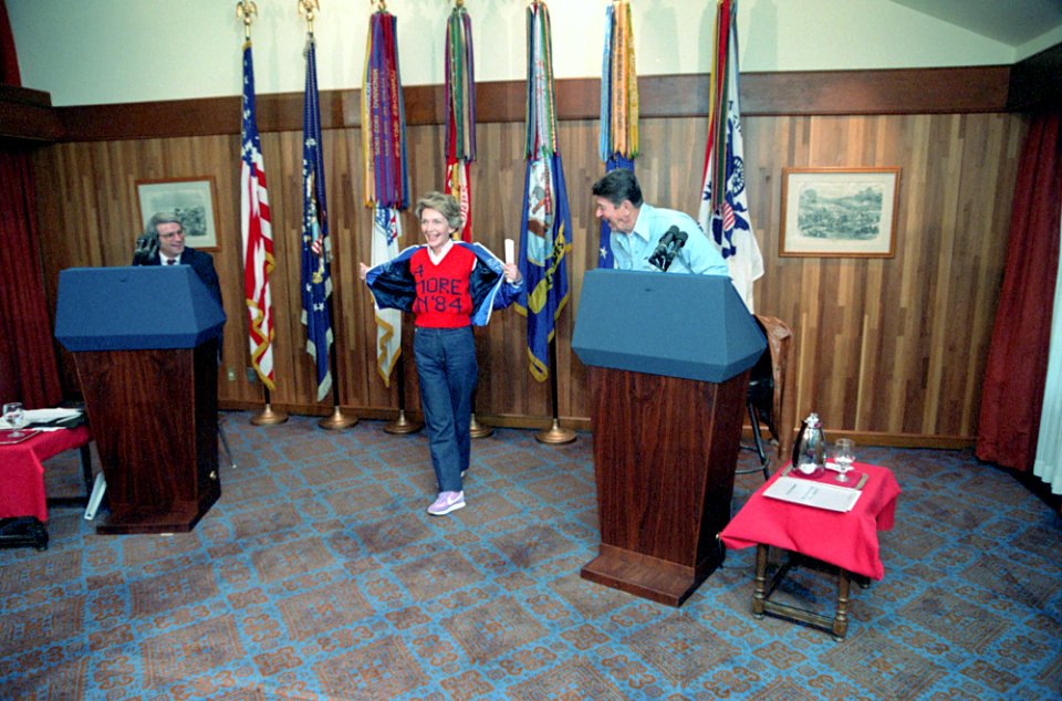 Nancy Reagan showing off her 4 more in '84 sweater