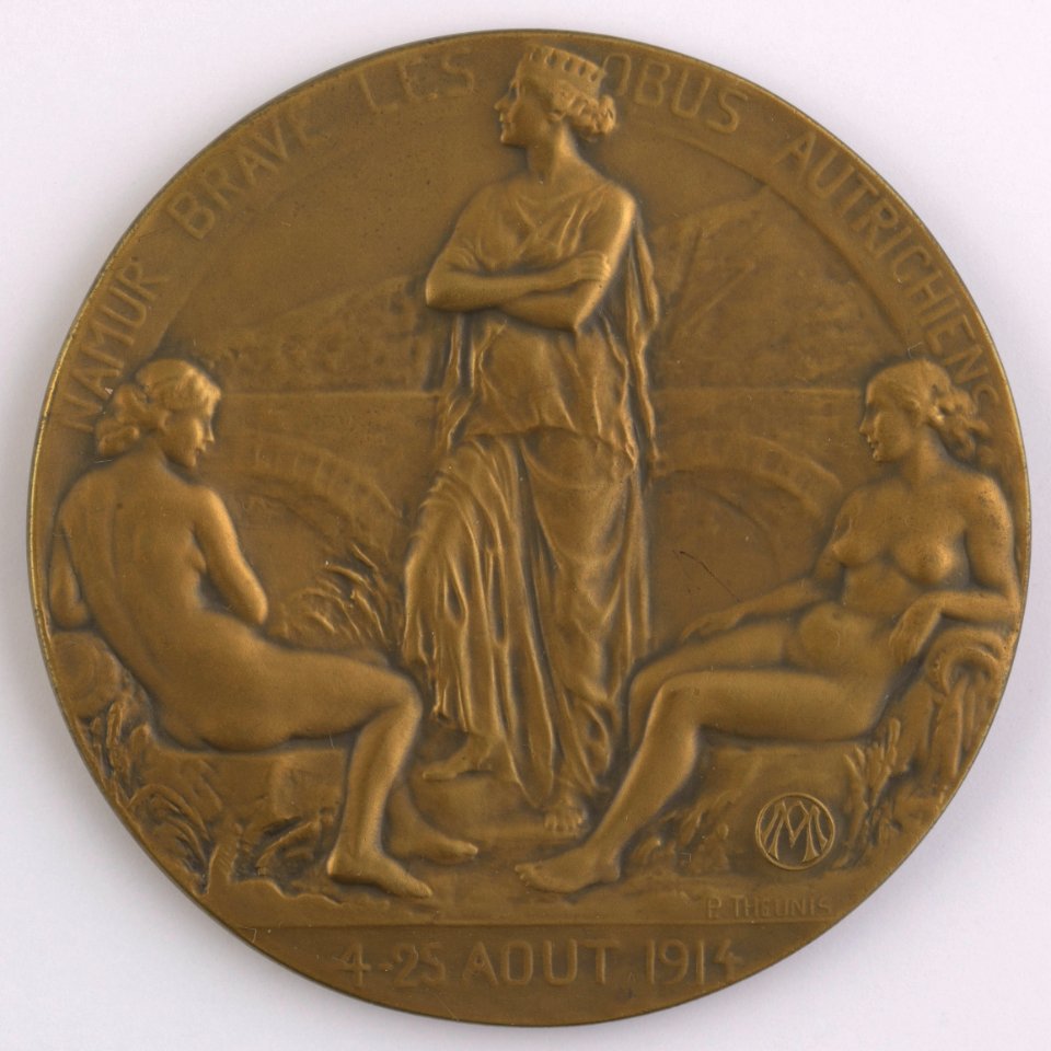Namur Brave les Obus Autrichiens - Sa Garnison Débarque à Ostende 1914, medal by Pierre Theunis, Belgium, (1922), Coins and Medals Department of the Royal Library of Belgium, 2Lef 107-55 (recto)