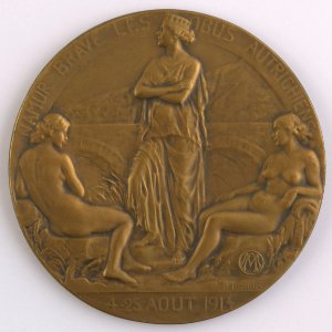 Namur Brave les Obus Autrichiens - Sa Garnison Débarque à Ostende 1914, medal by Pierre Theunis, Belgium, (1922), Coins and Medals Department of the Royal Library of Belgium, 2Lef 107-55 (recto)