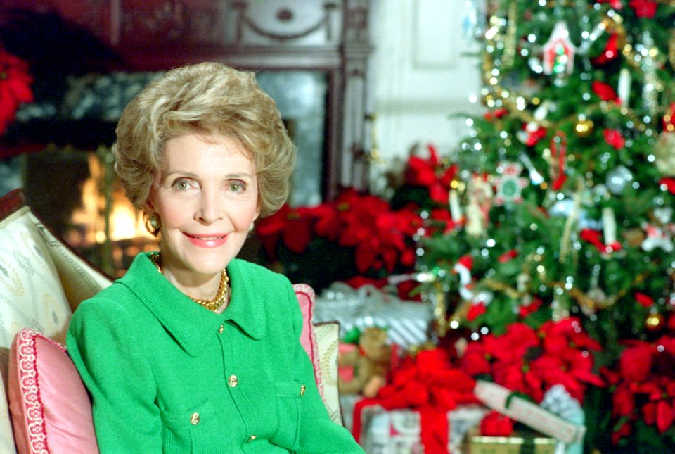 Nancy Reagan Sitting in The White House Library for Christmas in Washington with Decorations in Background NARA 75856409