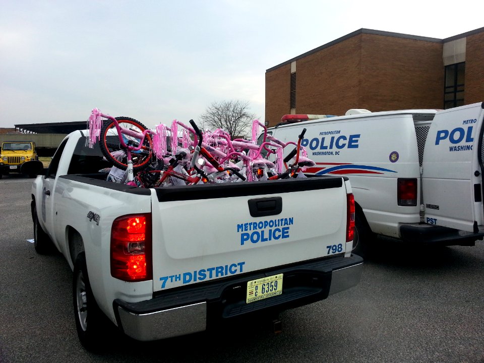 Metropolitan Police Department (MPD) truck prepares to depart from Joint Base Anacostia-Bolling (JBAB) with a load of bicycles 131217-N-CG900-008