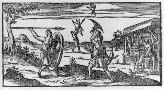 Mexican Indians fighting with spear, ax, and shield in foreground; hunting birds and cannibalizing in background LCCN2004668541