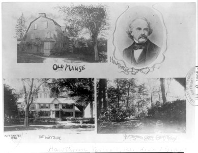 Nathaniel Hawthorne, 1804-1864, composite of bust portrait, Old Manse, The Wayside, and grave LCCN2005685432
