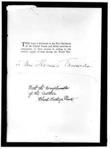 NATIONAL EMERGENCY WAR GARDENS COM. FLYLEAF OF BOOK BY CHARLES LATHROP PACK DEDICATED TO WAR GARDENERSSENT TO MRS. THOMAS EDWARDS LCCN2016869791
