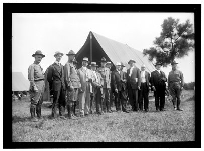 NATIONAL GUARD OF D.C. M. AND M. ASSN. OF D.C. ON VISIT TO D.C.N.G. IN CAMP AT COLONIAL BEACH. FRONT- BOB FEATHERSTONE; UNIDENTIFIED; COL. WILLIAM E. HARVEY; ROSS P. ANDREWS; UNIDENTIFIED; LCCN2016867064