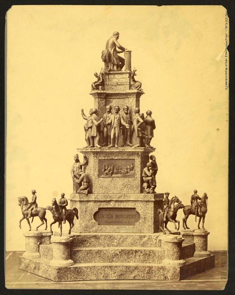 National Lincoln Monument, Washington, D.C. Model for four-tiered stone monument with metal sculptures at each level, Lincoln at top LCCN90710665
