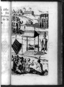 Native American burial or memorial ceremony with man standing by shelter with bundles of bones, friends and relatives of the dead, and lodge in background, New France (Canada) LCCN90705835