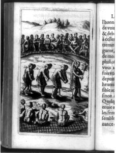 Native American ceremony with procession following medicine man holding turtle on pole, ringed by seated Indians, New France (Canada) LCCN90705834