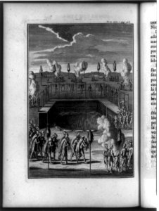 Native American mortuary customs- row of Indians carrying bodies over their shoulders to fires, platform with skeletons hanging above and bones below on benches, and groups of Indians LCCN90705837