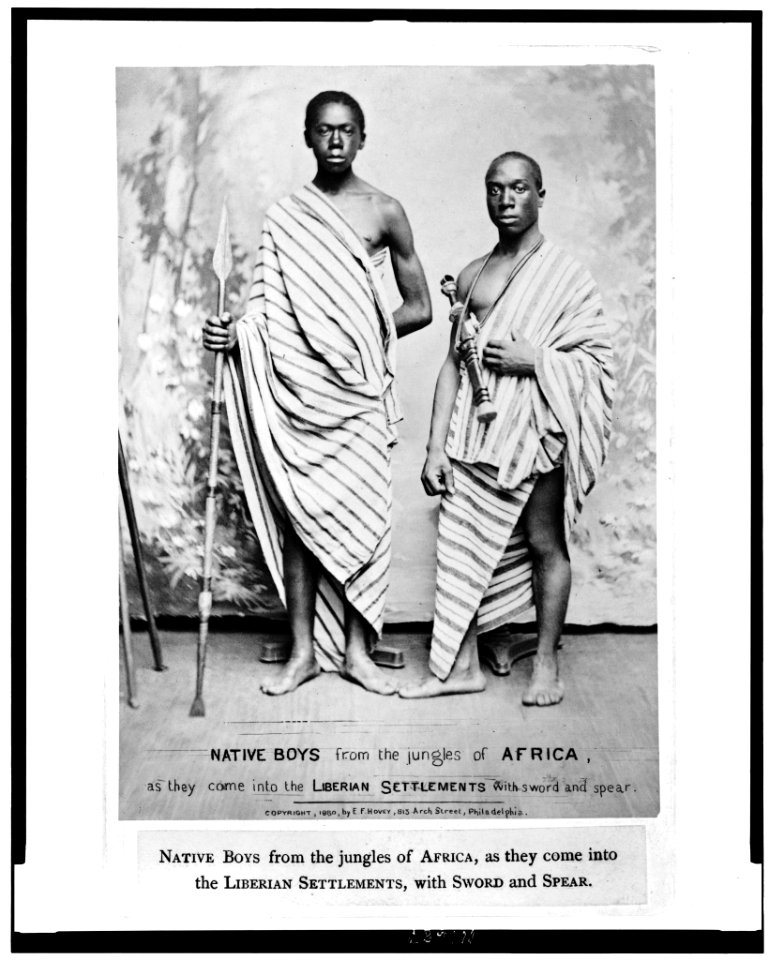 Native boys from the jungles of Africa, as they come into the Liberian settlements, with sword and spear LCCN94509919