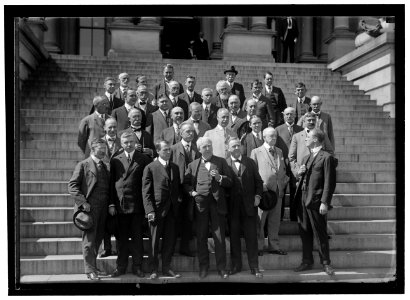 NAVAL CONSULTING BOARD. FRONT- F.J. SPRAGUE; UNIDENTIFIED; MILLER R. HUTCHISON; THOMAS A.EDISON; DANIELS; F.D. ROOSEVELT. 2ND ROW, ONLY 3, STANDING ON 2ND STEP- H.E. COFFIN; UNIDENT.; PETER LCCN2016866891