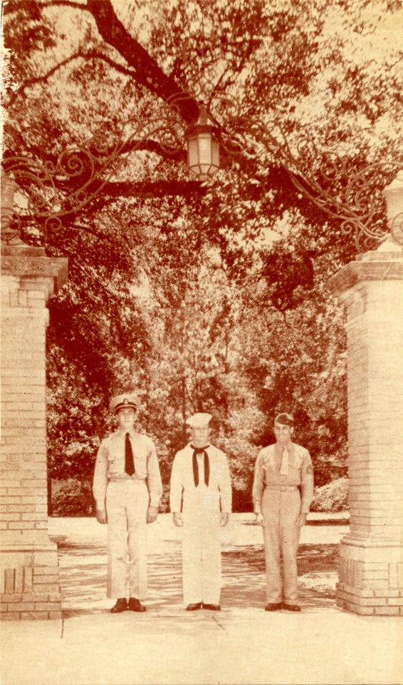 Naval and Marine Corps Officer Candidates attending Southwestern Louisiana Institute at the main entrance