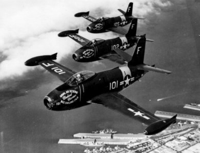 Naval Air Reserve FJ-1s over Oakland c1950