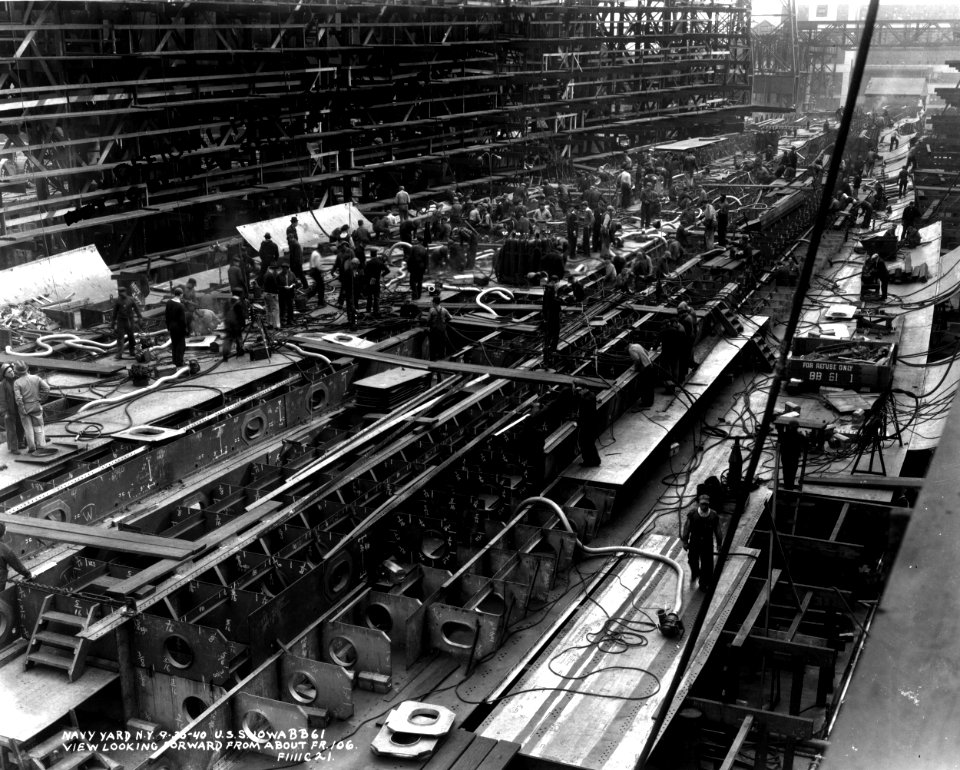 Navy Yard, N.Y. 9-30-40 U.S.S. Iowa BB61 view looking forward from about FR.106