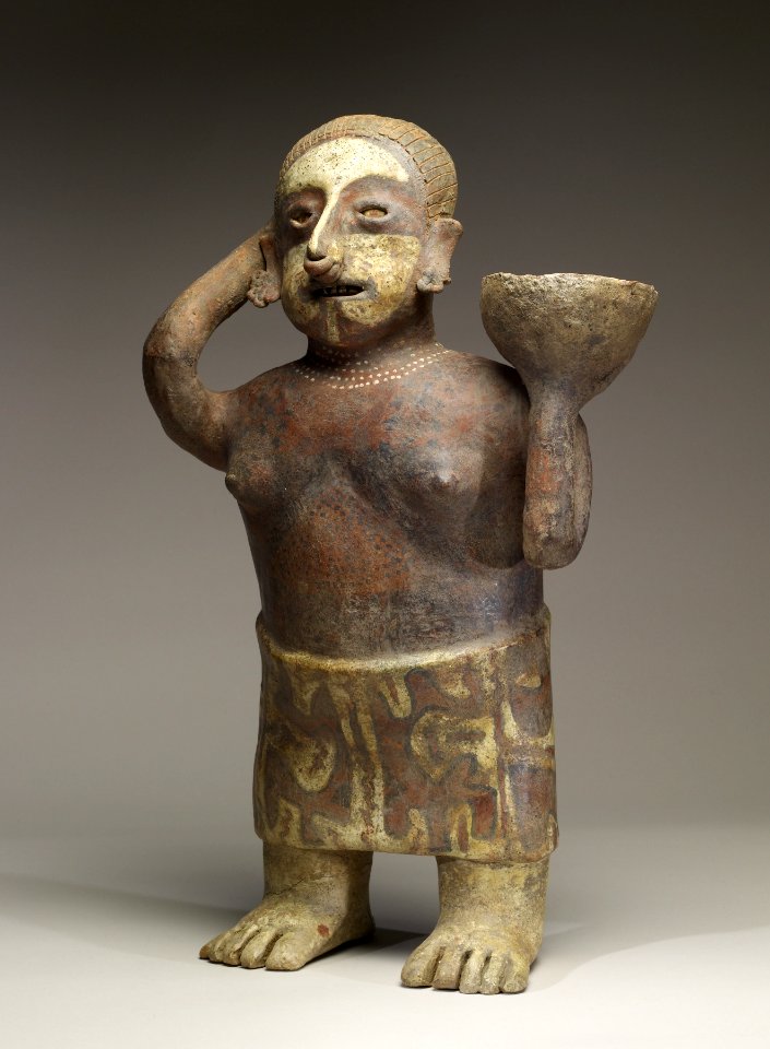 Nayarit - Polychrome Standing Female with Bowl on Shoulder - Walters 482795 - Three Quarter